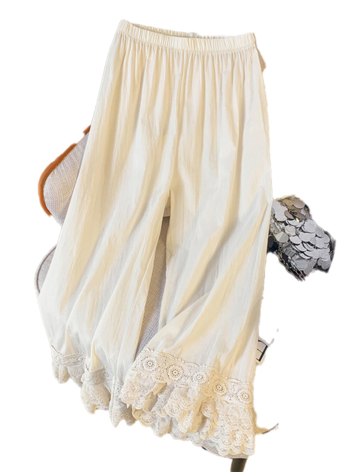 Summer Straight Lace Pants Beige Unique Patchwork Waist Elastic