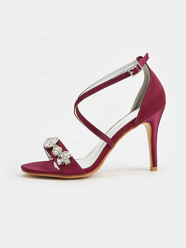 with Women's Stiletto Rhinestone Straps Heels Purple Satin