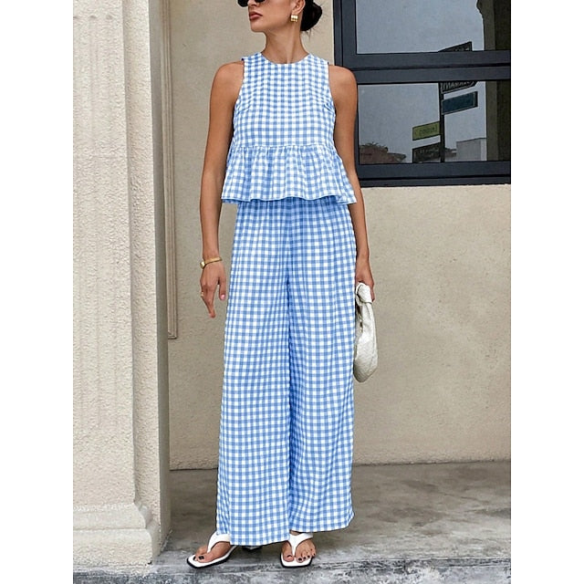 Women's Pants Sets Bolero Top Sleeveless Crew Neck Plaid