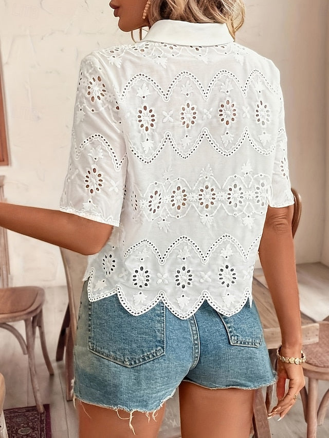 Women's Blouse Eyelet Solid Color Stylish Casual Short
