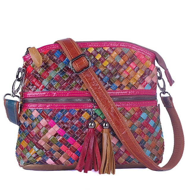 Women's Leather Shoulder Bohemian Colorful Patchwork - Bag