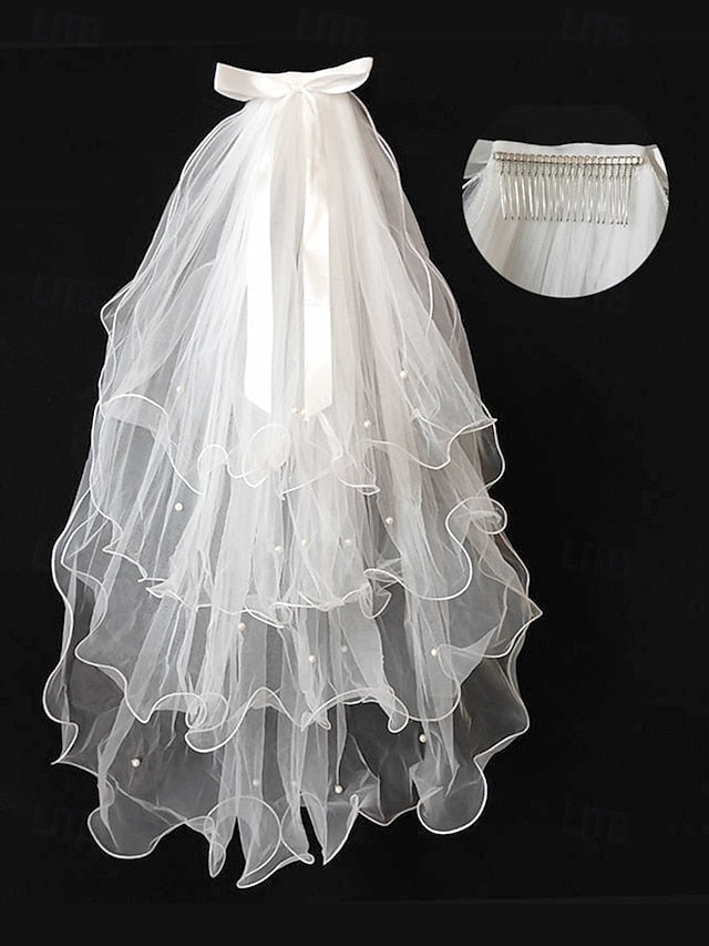 Ivory Ribbon Soft Bridal Satin Tulle and with Elegant Veil -