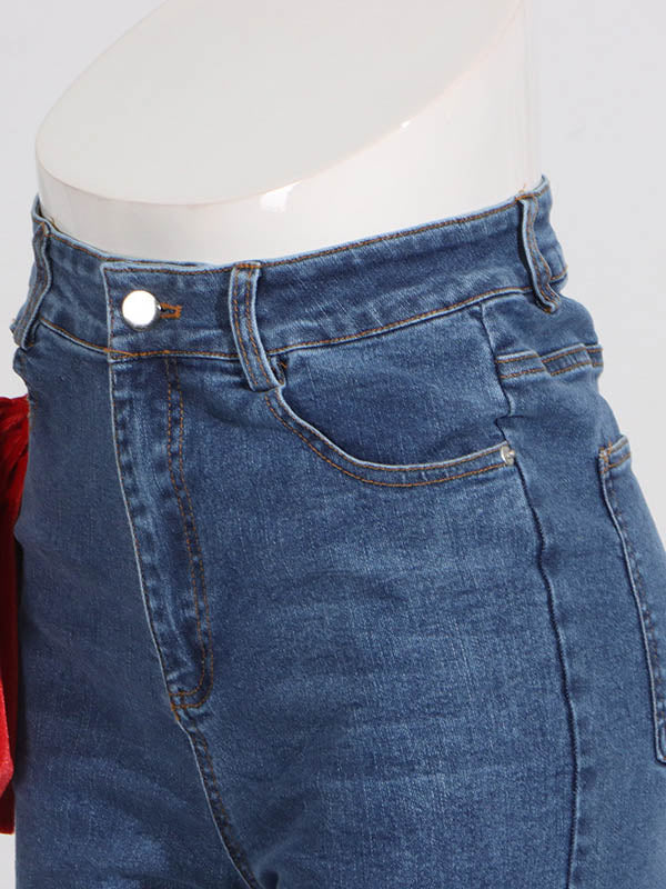 Red Chic Tied Straight Jeans High Waist Buttoned