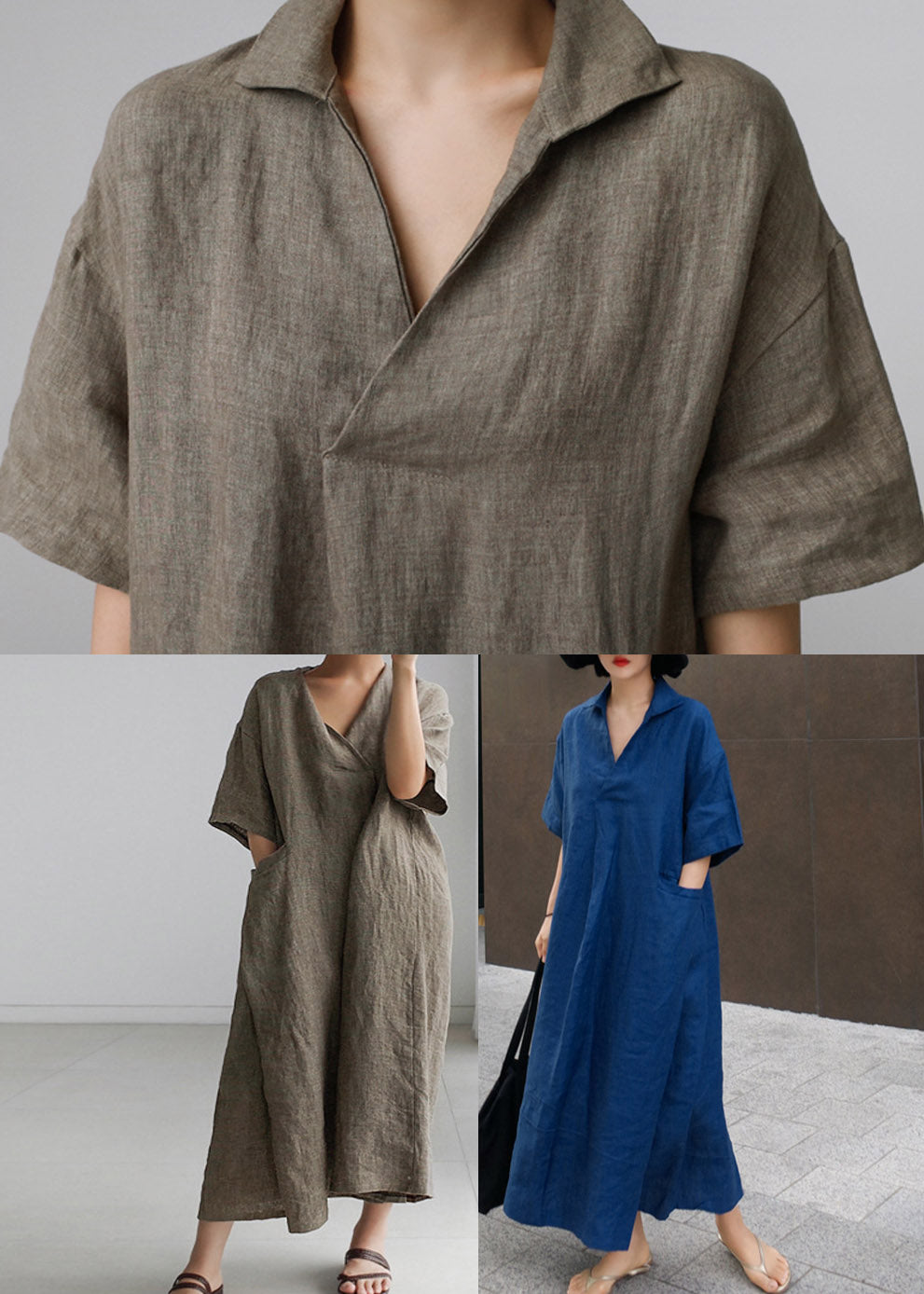 Wrinkled Open Sleeve Side Dress Linen Blue Short