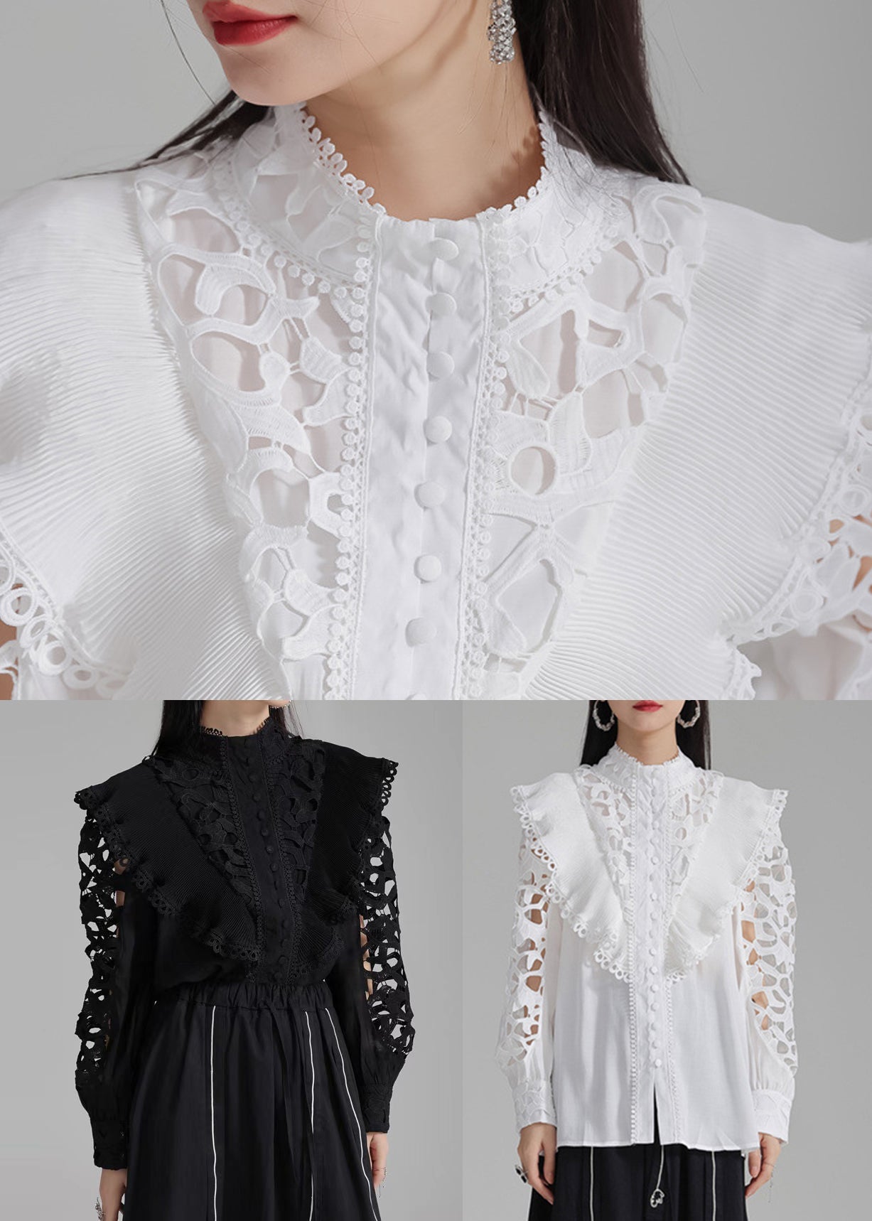 White Cotton Out Hollow Stylish Shirts Button Spring