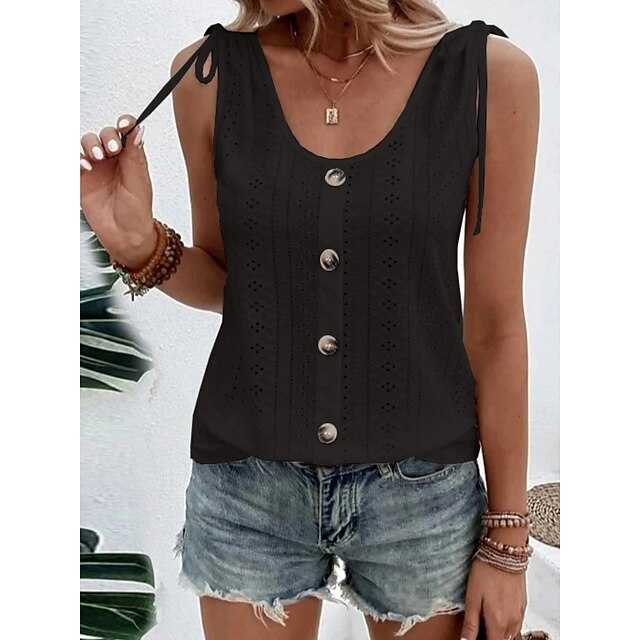 Women's Tank Top Eyelet Buttons Plain Fashion Stylish