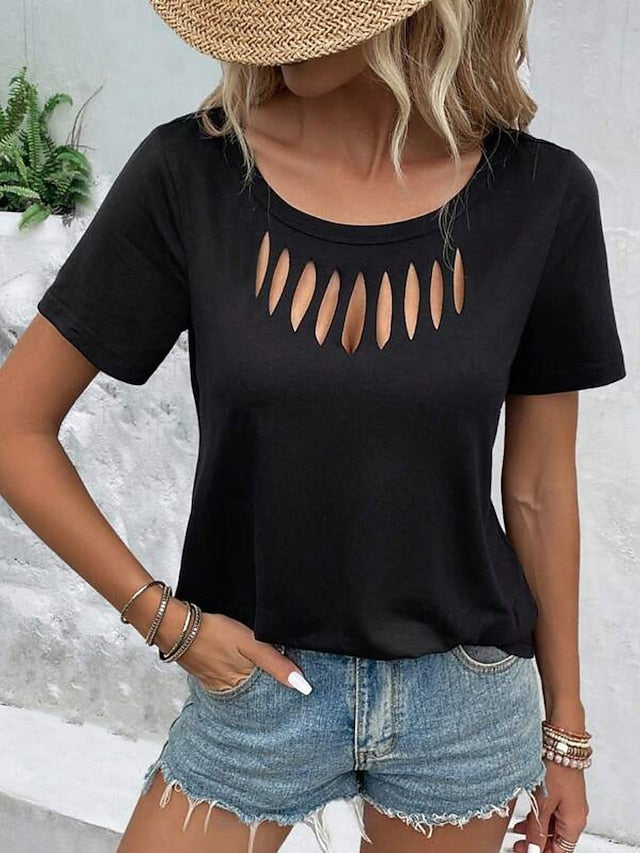 Women's T Shirt Tee Top Cut Out Plain Fashion Stylish