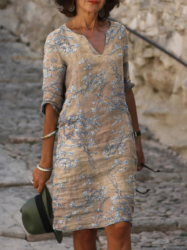 Women's Midi Dress Shift Dress Floral Print Split Neck