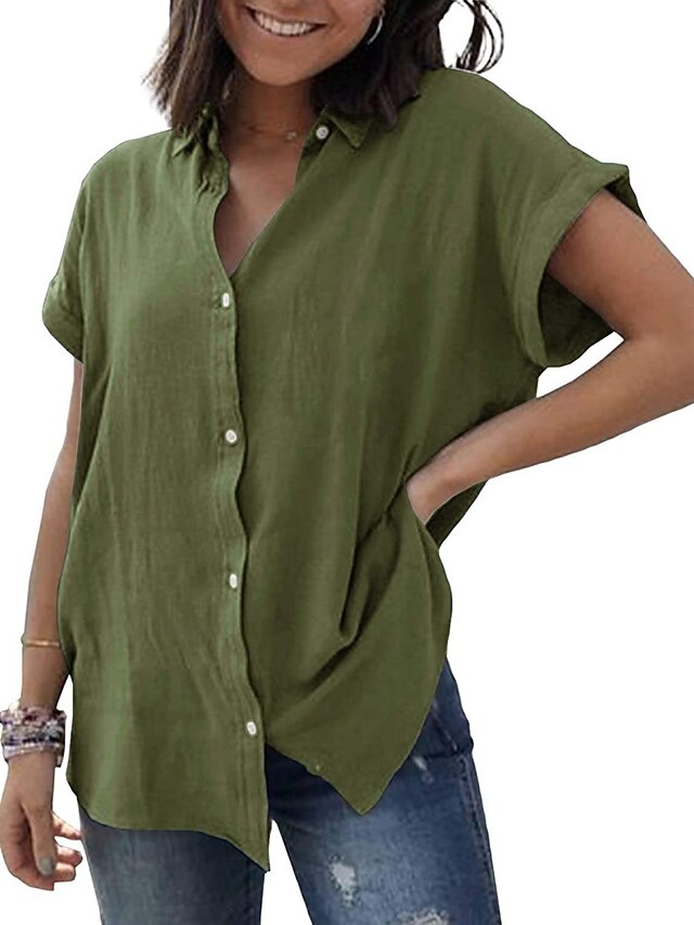 Women's Linen Blend Button Up Long Cotton Top White Cotton