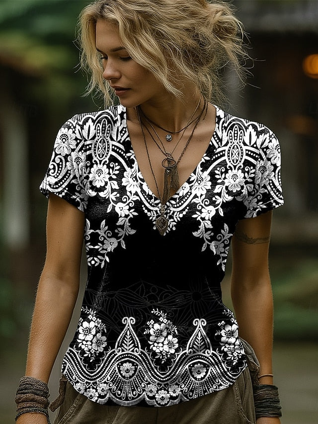 Women's Boho T Shirt Floral Graphic Paisley Bohemia Vintage