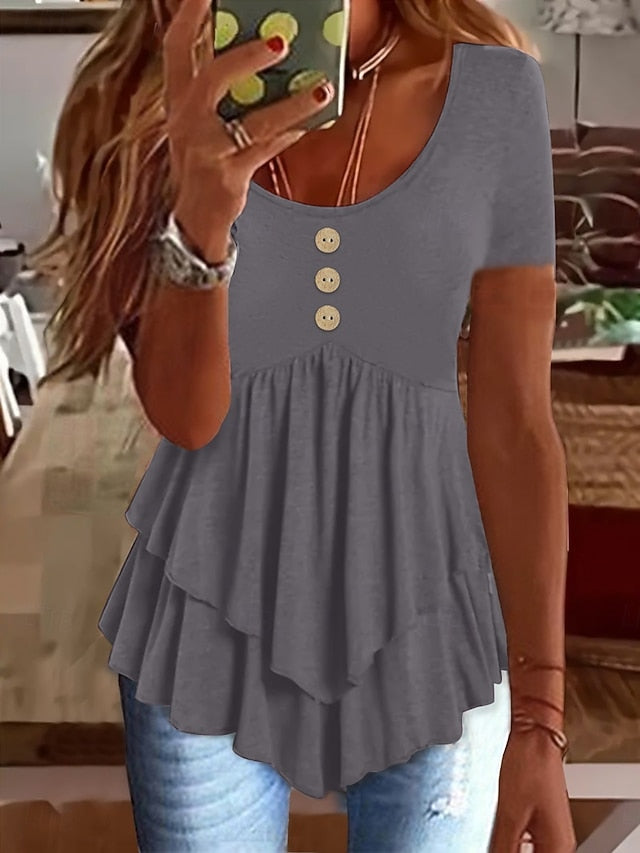 Women's Blouse Ruffle Buttons Solid Color Stylish Casual