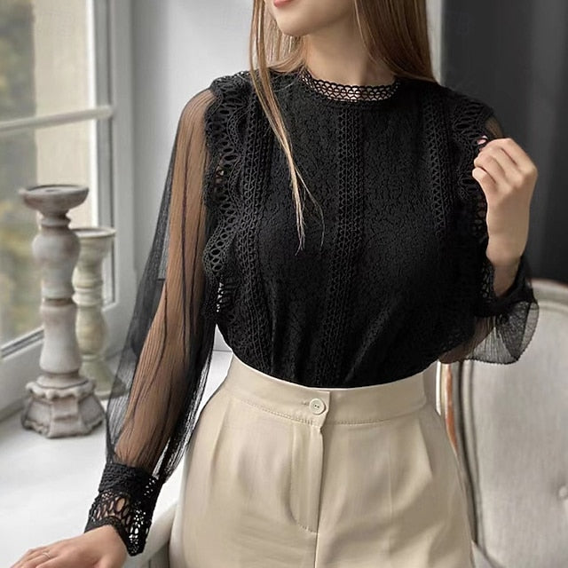 Women's Lace Shirt Blouse Lace Mesh Plain Elegant Stylish