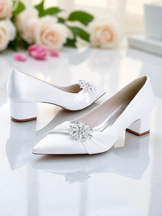 Women's with Crystal Low Block Heel Pumps White