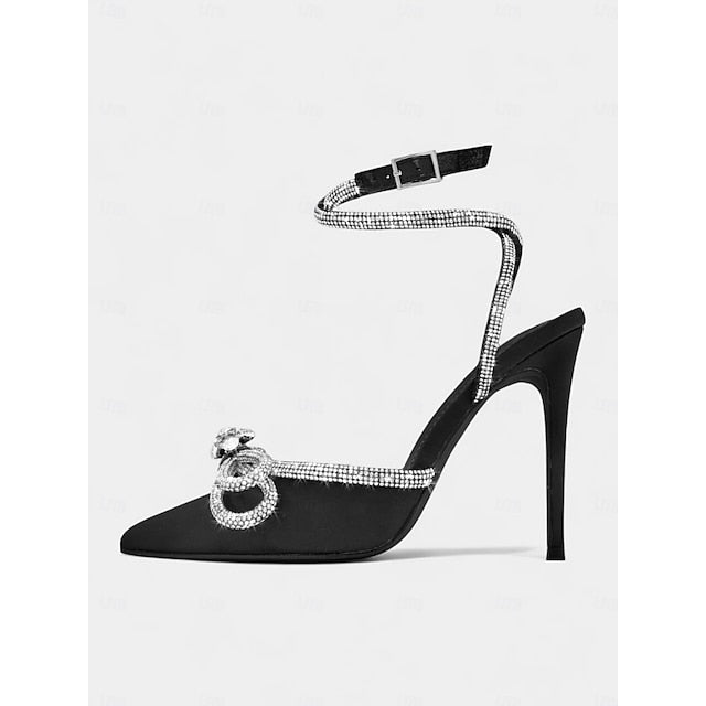 with Heels Bow Rhinestone Stiletto Women's and Black Satin