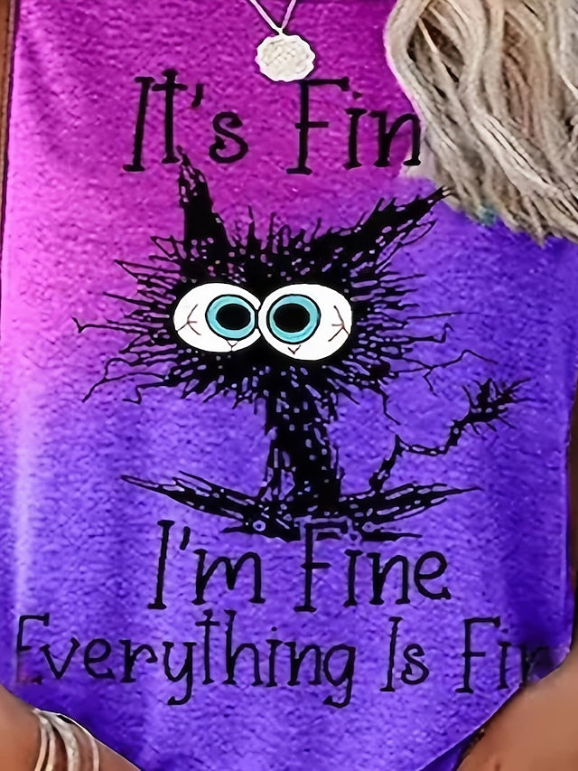 Women's T shirt Tee Purple Brown Gray Cat Letter Patchwork
