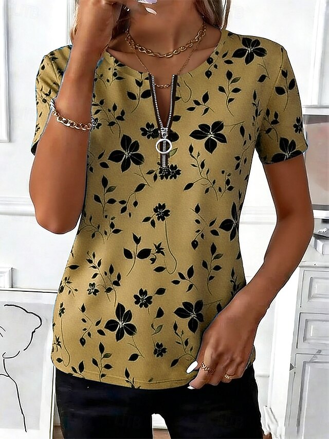 Women's T Shirt Zipper Floral Graphic Plants Stylish
