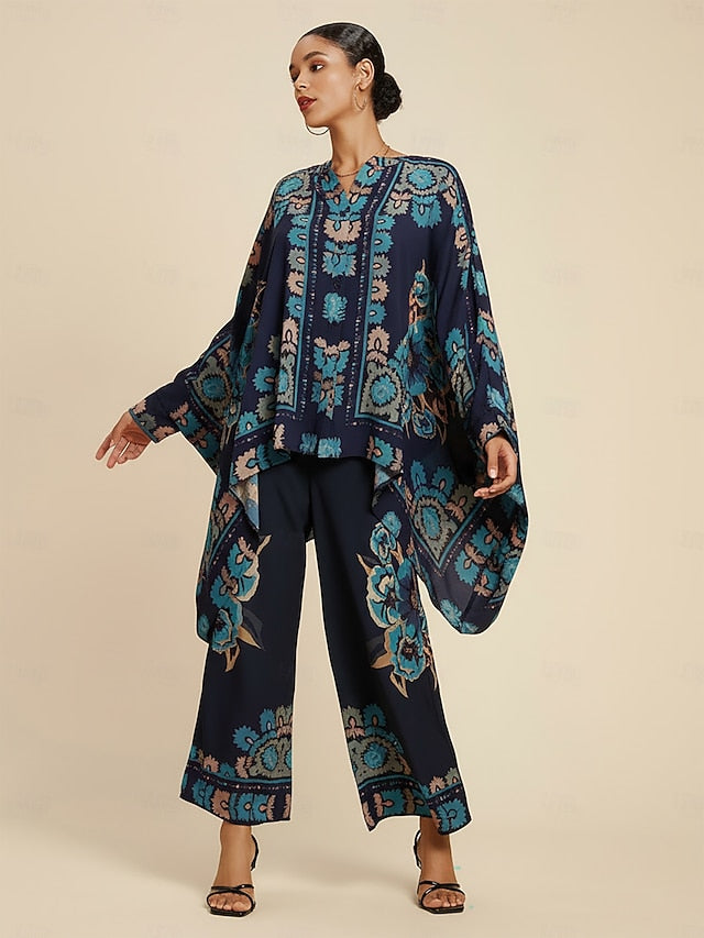 Women's Blouse Chiffon Ethnic Floral Placement Hawaiian