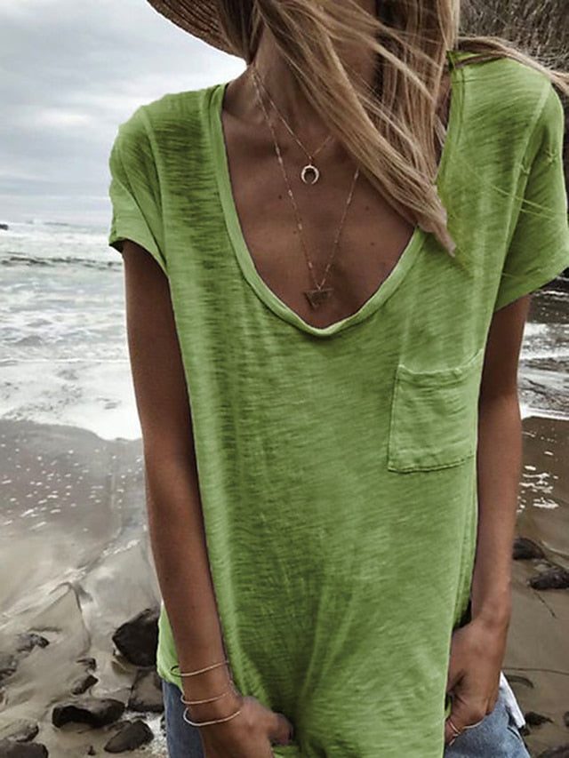 Women's T Shirt Pocket Plain Basic Short Sleeve V Neck