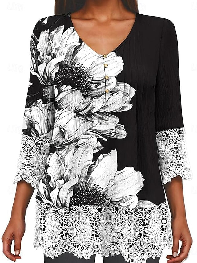 Women's Elegant Lace Tops Eyelet Blouse Casual Ombre Floral