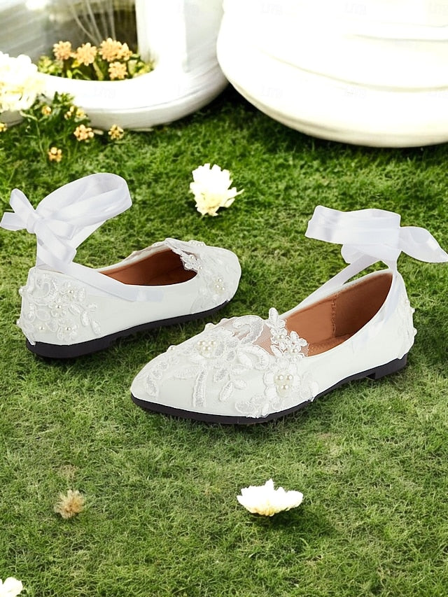 Wedding Ribbon Lace White Shoes - Ties Elegant Bridal Flats with