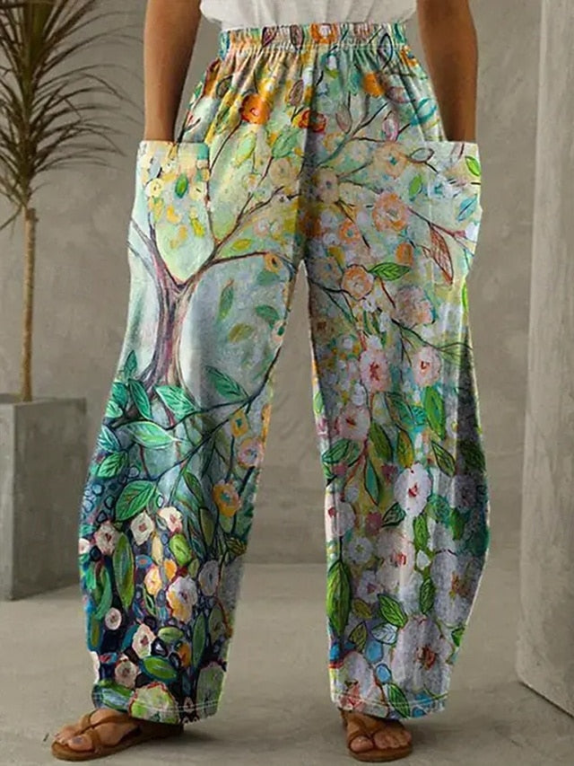 Women's Linen Like Wide Leg Chinos Vacation Vintage Ethnic