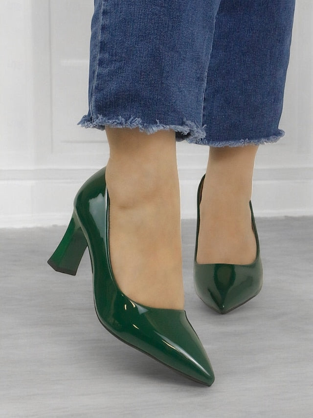 Green Leather Glossy Pumps Patent Heel Faux Block Pointed-Toe