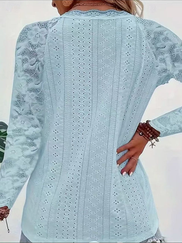 Women's Pointelle Shirt Eyelet Top Lace Splicing Top Blouse
