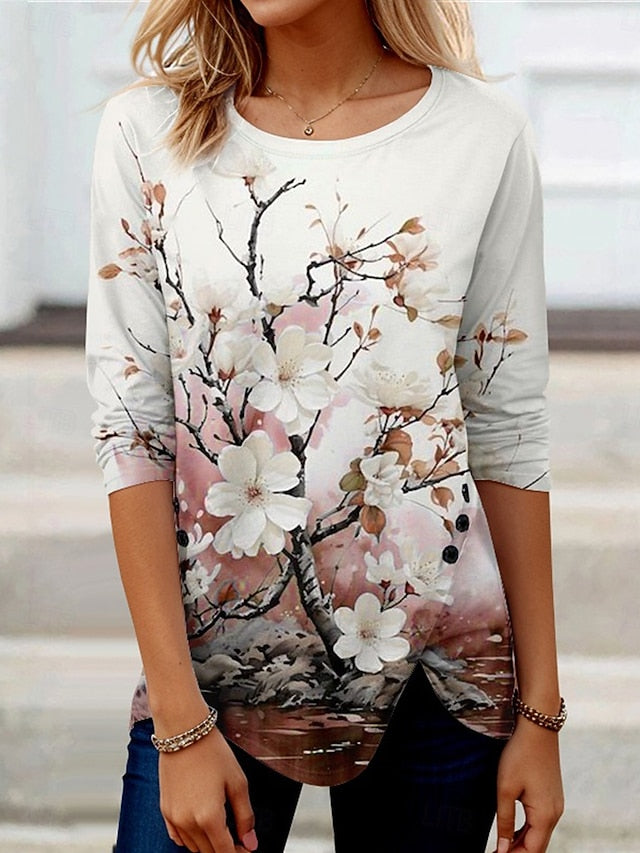 Women's T Shirt Buttons Print Asymmetrical Floral Graphic