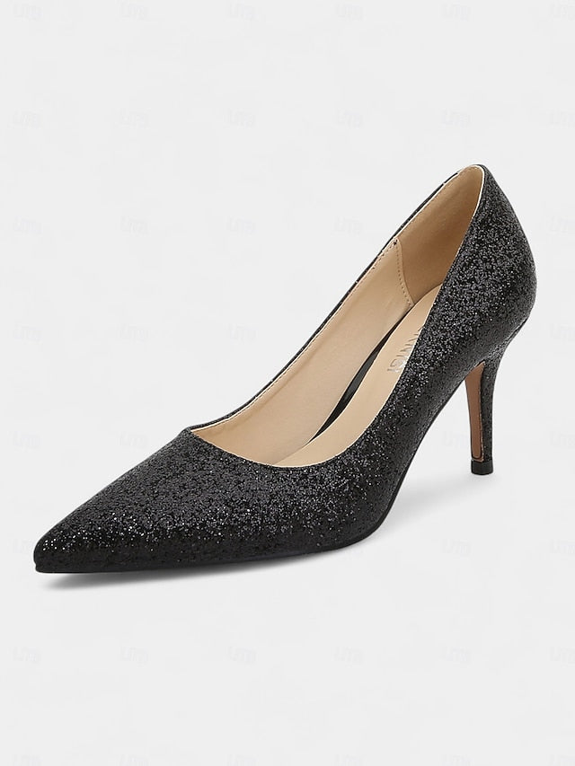 Gold Women's Pointed-Toe Pumps - Sparkly Glitter Stiletto