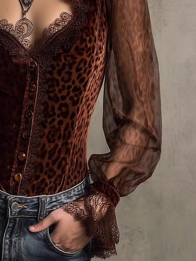 Women's Shirt Blouse Lace Tops Mesh Leopard Elegant Vintage