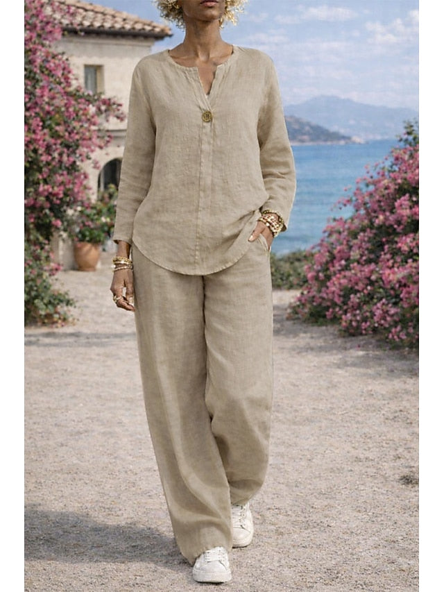 Women's Shirt Two Piece Sets Faux Cotton Linen Linen Pants