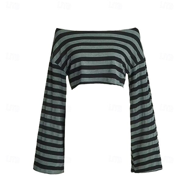Fancy Goth Neck Punk Gothic Sweatshirt Boat Striped Girl