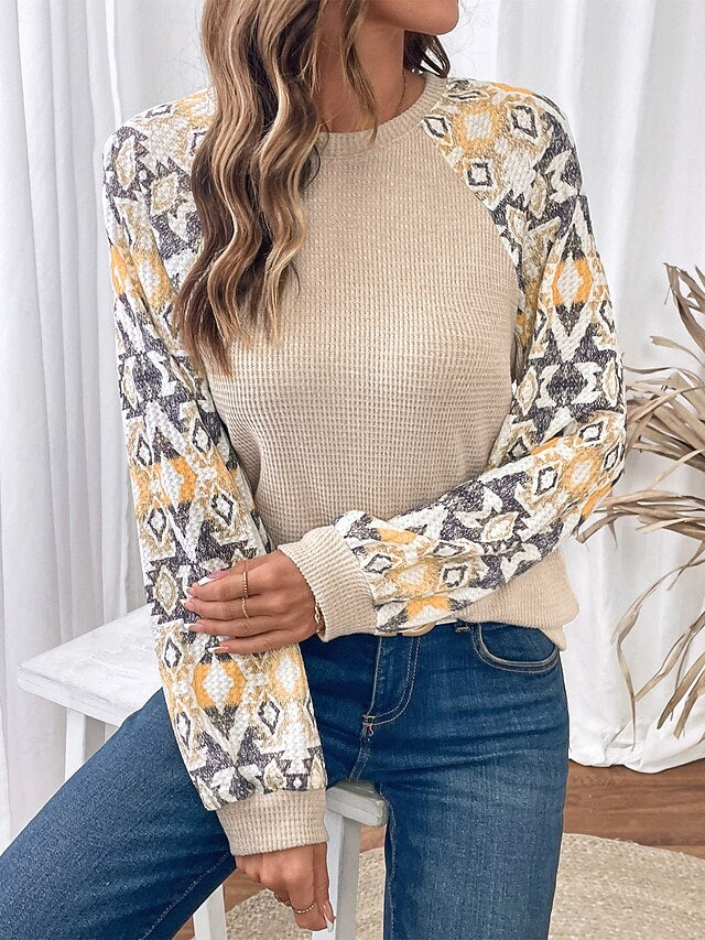 Women's Waffle Knit Tops Patchwork Color Block Print