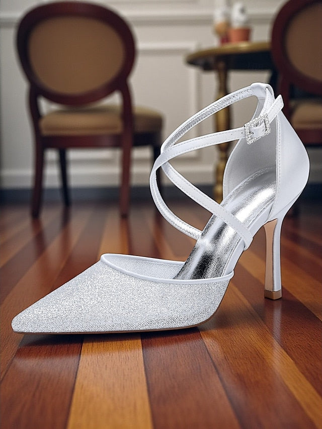 Silver - Women's Strap Heels Glitter Ankle Elegant Stiletto