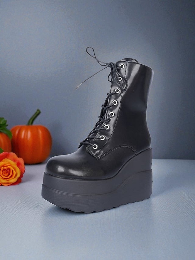 Red and Lace-Up Bold Boots Women's Platform Ankle - Black