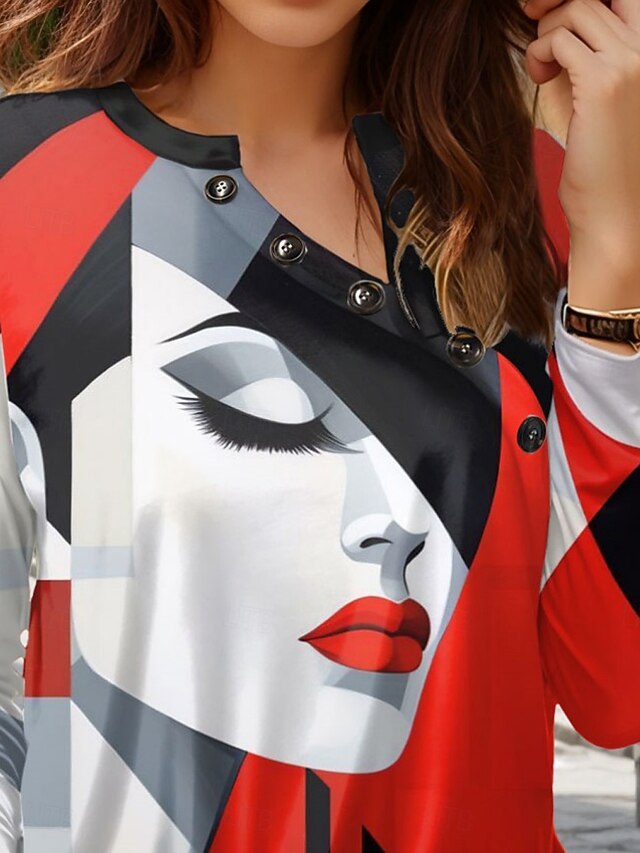 Women's T Shirt Buttons Print Abstract Casual Long Sleeve V