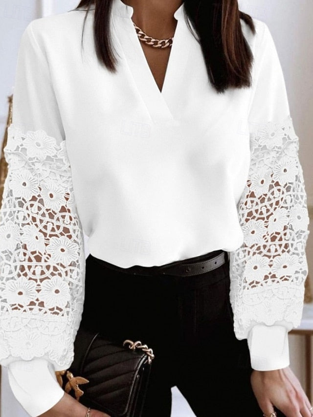 Women's Shirt Elegant Satin Top Blouse Lace Patchwork Color