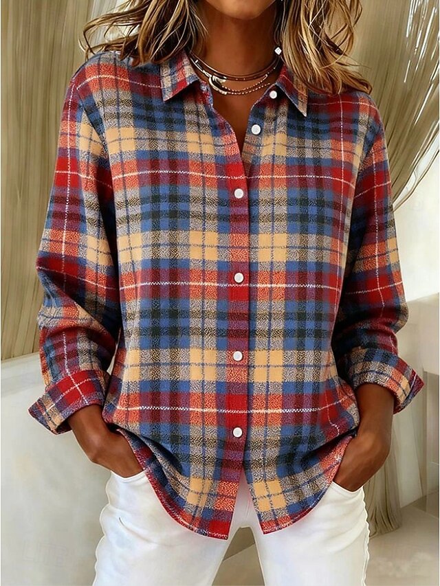 Women's Shirt Blouse Plaid Casual Long Sleeve Shirt Collar