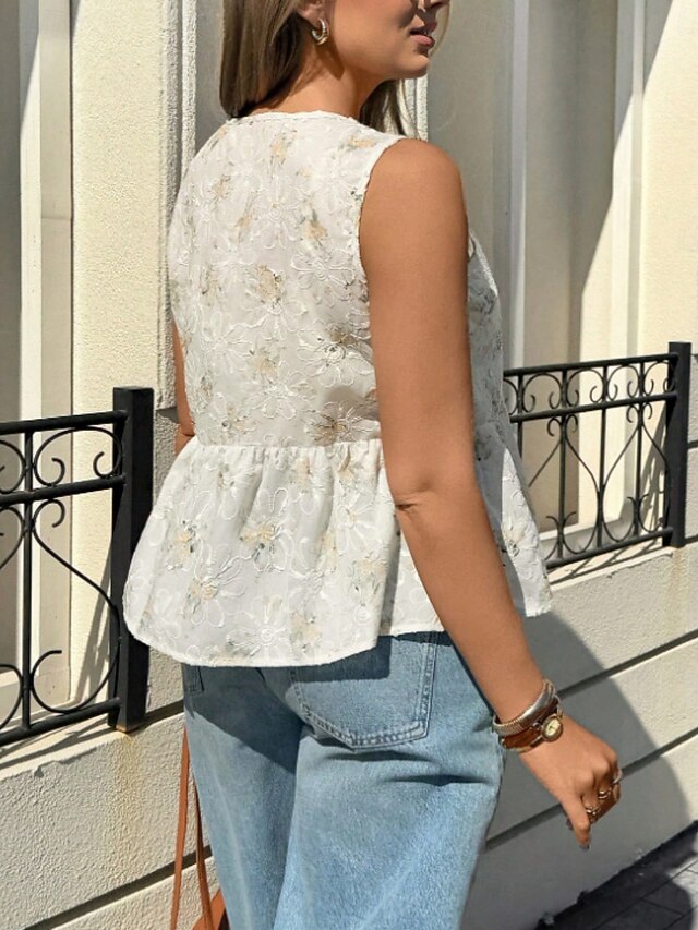 Women's Shirt Blouse Lace Tops Sleeveless Shirt Lace Floral