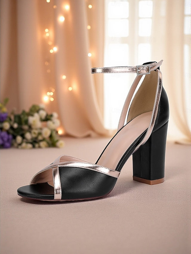 Women's Strap with White Ankle Block Metallic Sandals Heel