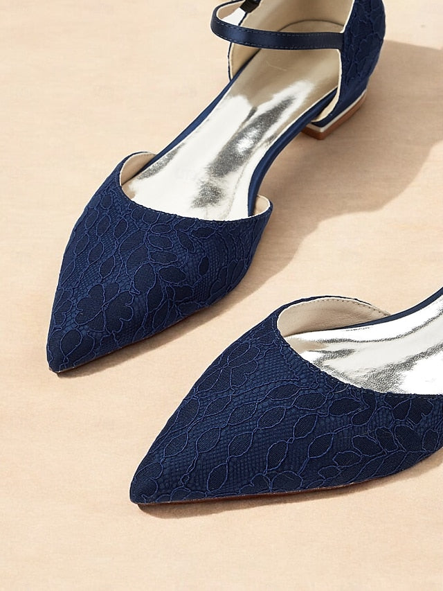Blue Lace Strap Women's Navy Flats with Pointed and Ankle