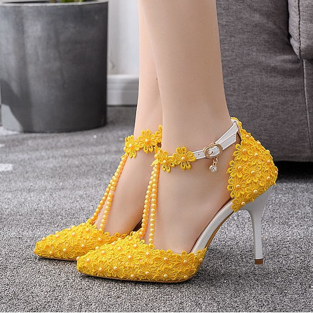 Heel Shoes Women's Wedding High Bridal Lace Pointed