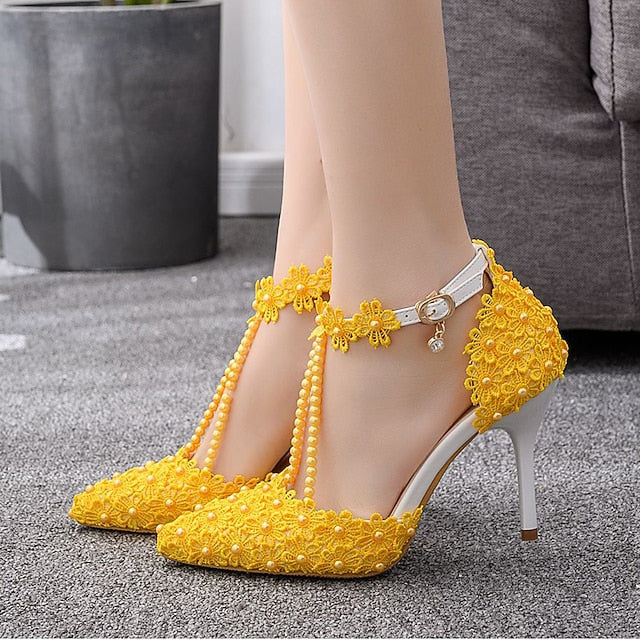 Shoes High Bridal Wedding Lace Heel Pointed Women's