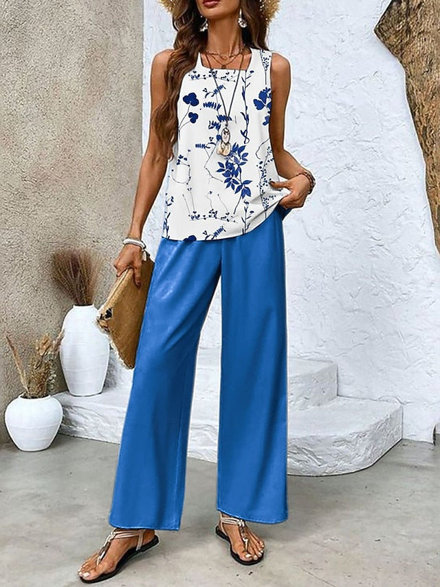 Women's Pants Sets Sleeveless Square Neck Floral Graphic