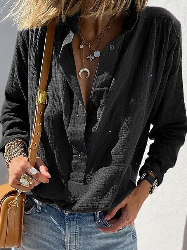 Women's Shirt Blouse Ruched Buttons Plain Casual Long