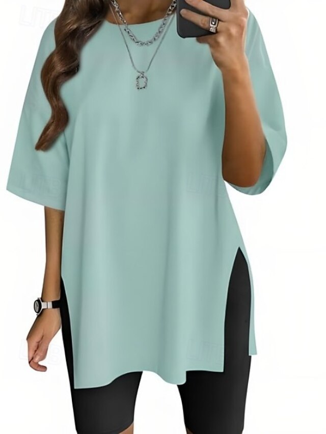 Women's T Shirt Side Split Solid Color Graphic Fashion