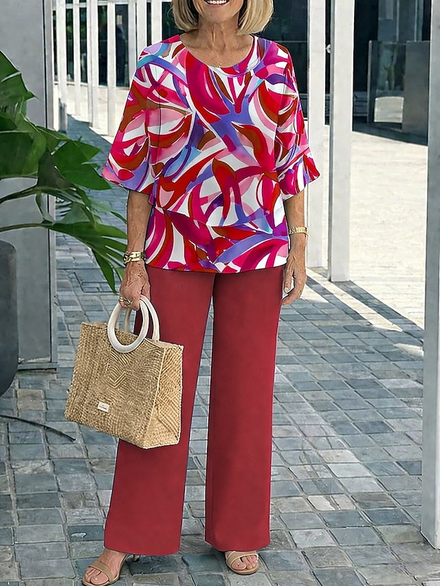 Women's Pants Sets 3/4 Length Sleeve Round Neck Graphic
