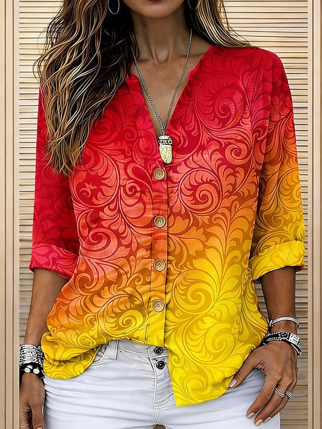 Women's Shirt Tunic Summer Tops Buttons Ombre Graphic