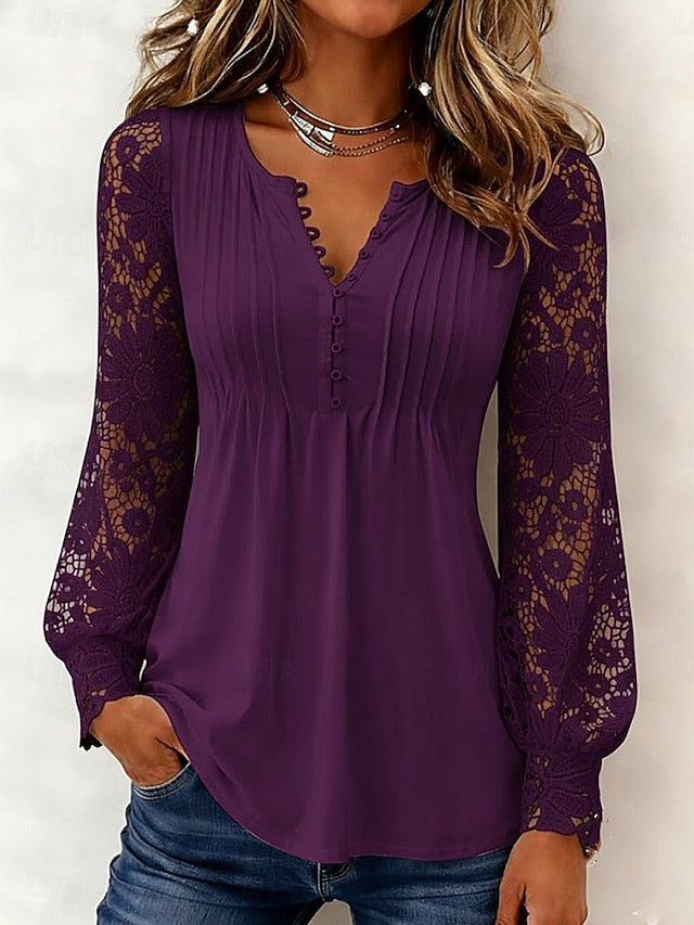 Women's Blouse Lace Patchwork Buttons Solid Color Elegant