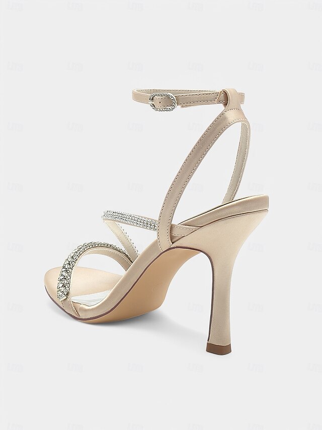 Champagne Rhinestone Satin Heels Sophisticated Strappy –